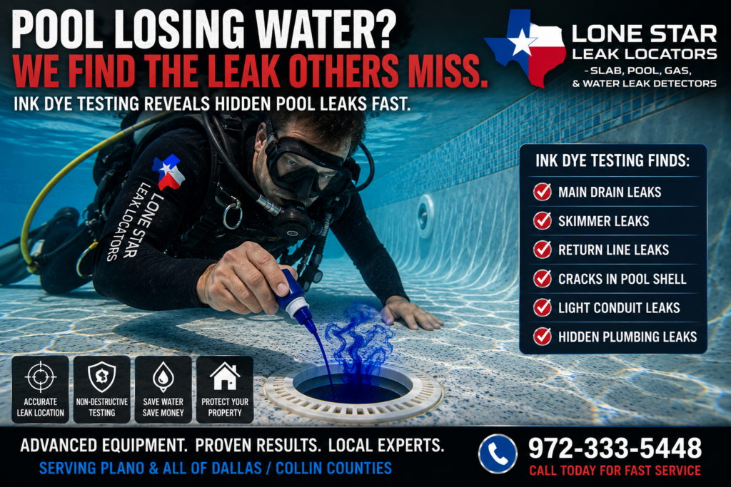 “Texas Master Plumber performing underwater ink dye pool leak detection in Plano TX to locate hidden plumbing leaks”