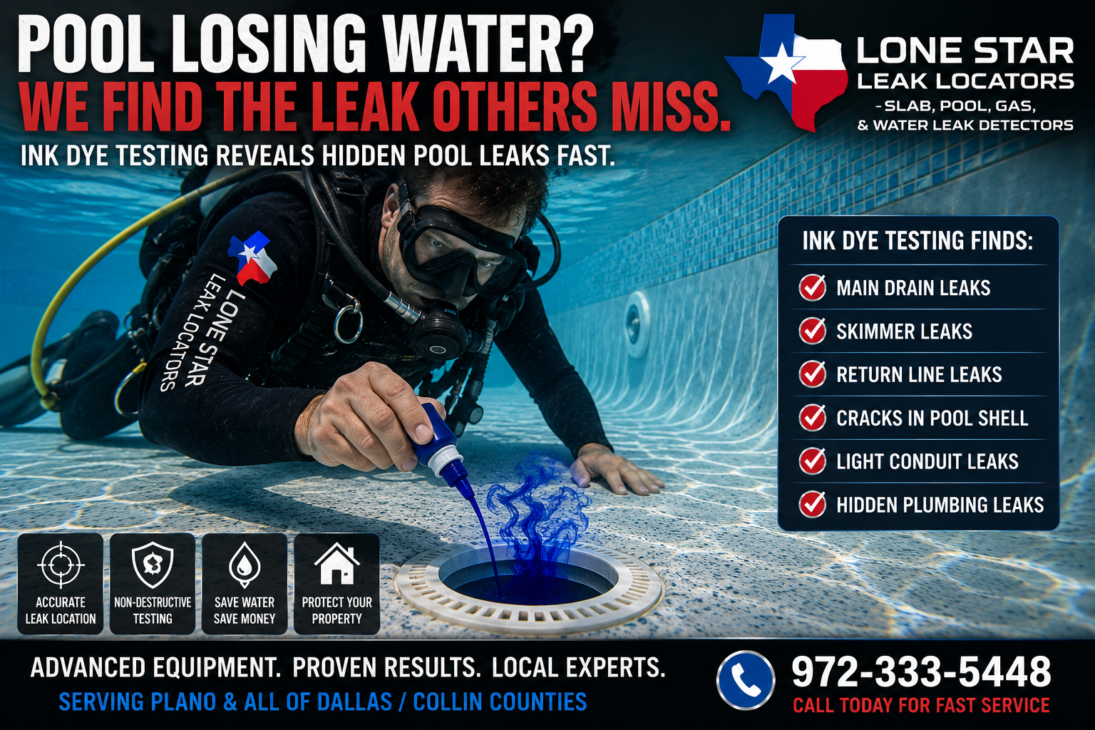 Dye testing near a pool shell opening to evaluate a possible light niche or conduit leak