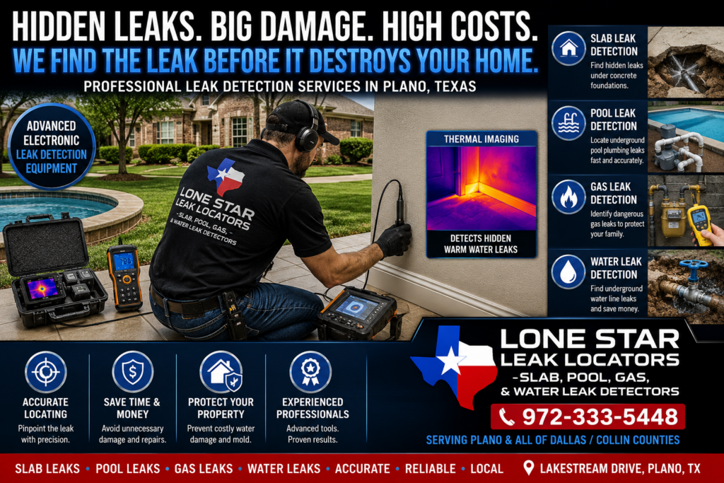 “Texas Master Plumber performing slab, pool, gas, and underground water leak detection in Plano TX using advanced electronic locating equipment”
