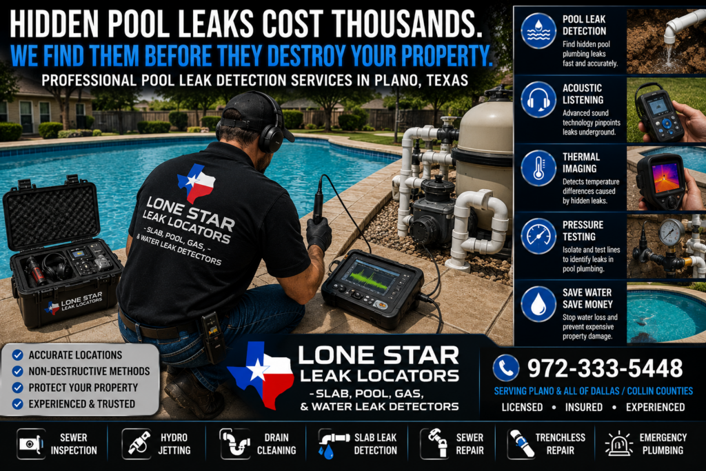“Texas Master Plumber performing professional swimming pool leak detection and underground plumbing diagnostics in Plano TX”
