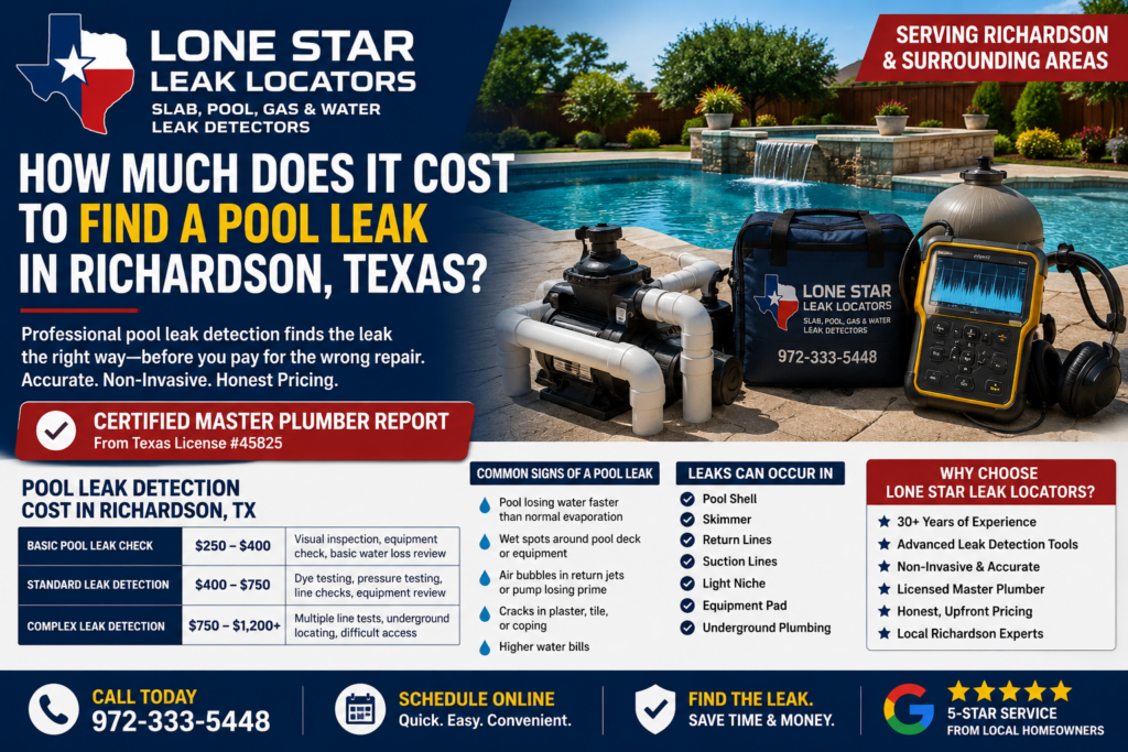 Pool leak detection cost in Richardson Texas featuring swimming pool leak testing, underground pool plumbing diagnostics, leak locating equipment, Certified Master Plumber reporting, and professional pool leak detection services by Lone Star Leak Locators.
