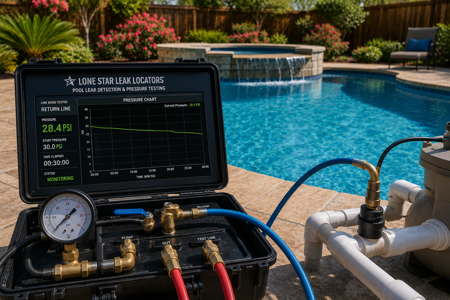 Pool leak testing equipment beside a residential swimming pool